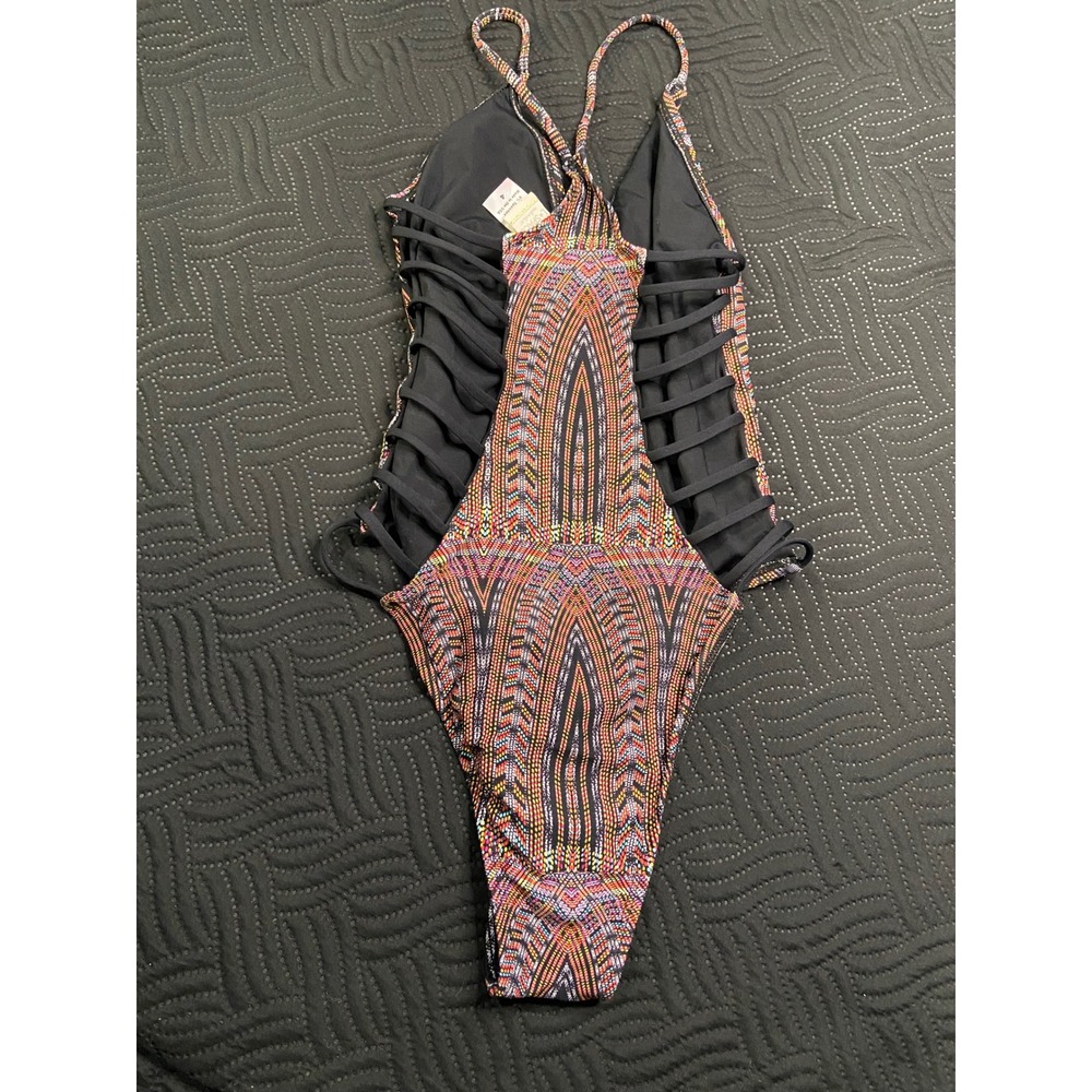 L Space Womens Geometric Tribal Strappy Cage Back One Piece Swimsuit Size 4 - Picture 2 of 3